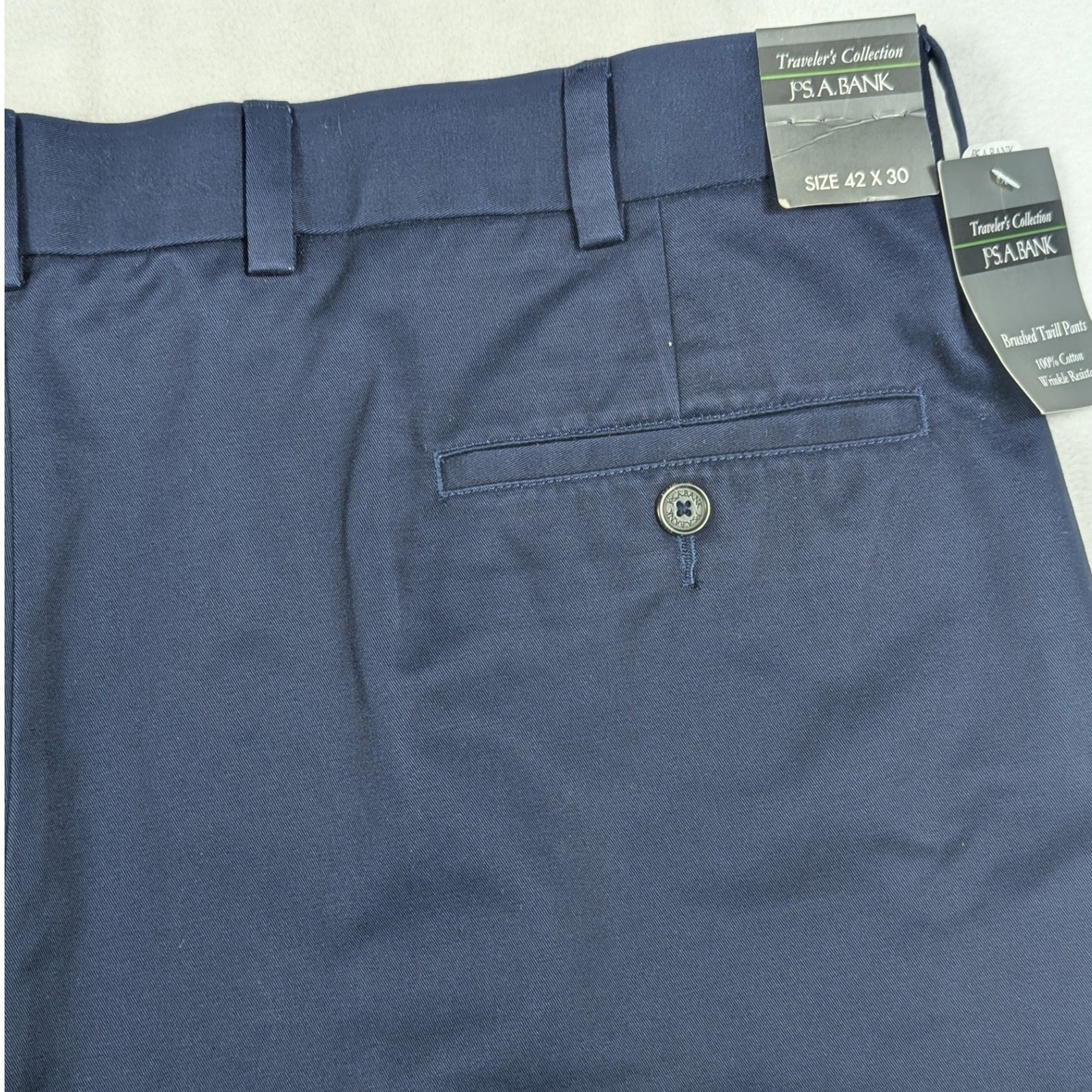 New Jos. A Bank Mens 42x30 Navy Blue Brushed Twill Pleated Cuffed Traveler Pants